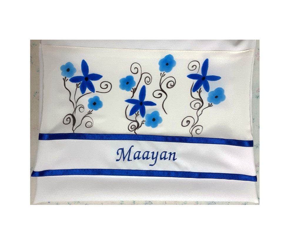 blue flowers bat mitzvah tallit bag with name, girl tallit bag