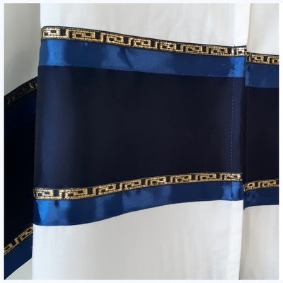 Gold, Blue and Black Decorations Wool Tallit, Bar Mitzvah Tallit Set, close up