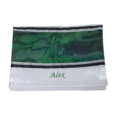 The Green Marble Hand Painted Silk on Duchess Tallit Bag, Bar Mitzva Tallit Bag, Personalized Tallit Bag name
