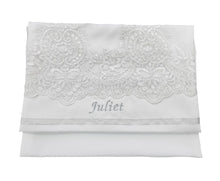 Load image into Gallery viewer, White Tallit with White Lace Decoration on Silk Tallit for Women, Feminine Tallit bag
