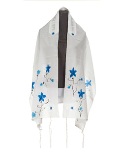 Handpainted Blue flowers Silk Tallit for girl, Bat Mitzvah Tallit, Hand made Tallit by Galilee Silks, feminine tallit