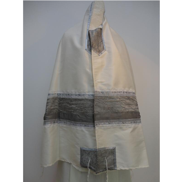Old Gray Organza Panel decorated Silk Tallit For Woman, Girl's Tallit, Women's Tallit from IsraelGray Silk Tallit For Woman