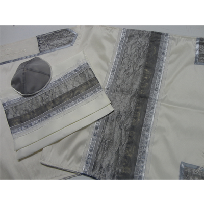 Old set Gray Organza Panel decorated Silk Tallit For Woman, Girl's Tallit, Women's Tallit from Israel