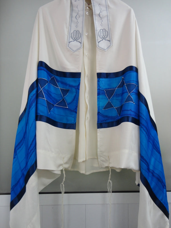 Blue Star of David Tallit, Hand painted Silk Tallit, modern tallit, bar mitzvah tallit from Israel
