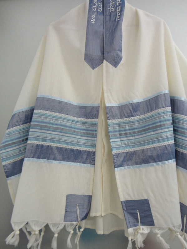 blue and silver tallit, bar mitzvah tallit set, modern tallit, custom tallit from Israel by Galilee Silks