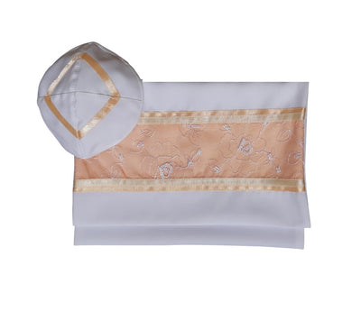 Floral Apricot \ Peach Decorated Tallit for Women, Bat Mitzvah Tallit Set, Tallit for Girl Tallit, Women's Tallit bag and kippah