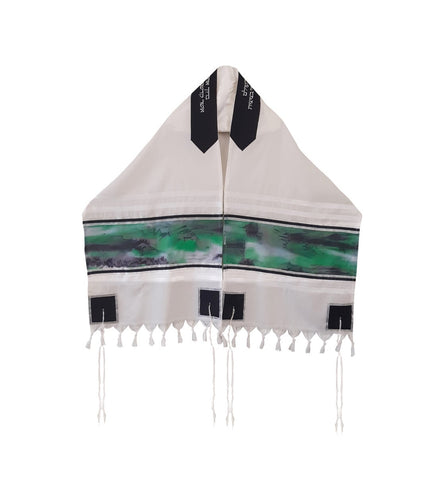 The Green Marble Hand Painted Silk on Wool Tallit, Bar Mitzva Tallit, Tzitzit, Jewish Prayer Shawl open