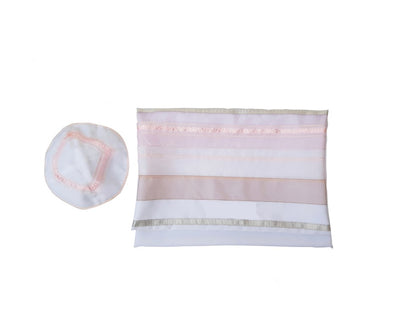 Pink Organza Stripes Silk Tallit for Women, Bat Mitzvah Tallit, Girls Tallit bag and kippah