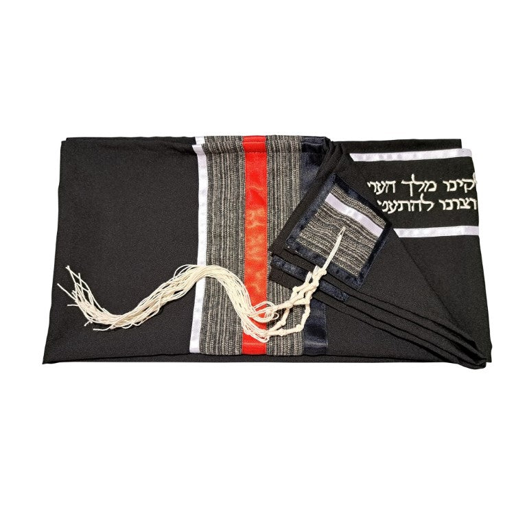 Black Tallit with Gray, Red and White Stripes, Bar Mitzvah Tallis, Jewish Prayer Shawl Tzitzit flat 2
