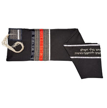 Load image into Gallery viewer, Black Tallit with Gray, Red and White Stripes, Bar Mitzvah Tallis, Jewish Prayer Shawl Tzitzit long