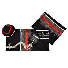 Load image into Gallery viewer, Black Tallit with Gray, Red and White Stripes, Bar Mitzvah Tallis, Jewish Prayer Shawl Tzitzit set