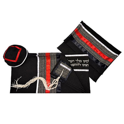 Black Tallit with Gray, Red and White Stripes, Bar Mitzvah Tallis, Jewish Prayer Shawl Tzitzit set