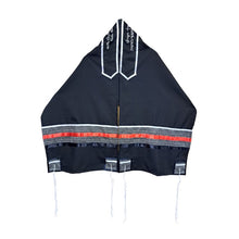 Load image into Gallery viewer, Black Tallit with Gray, Red and White Stripes, Bar Mitzvah Tallis, Jewish Prayer Shawl Tzitzit open