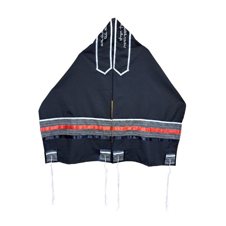 Black Tallit with Gray, Red and White Stripes, Bar Mitzvah Tallis, Jewish Prayer Shawl Tzitzit open