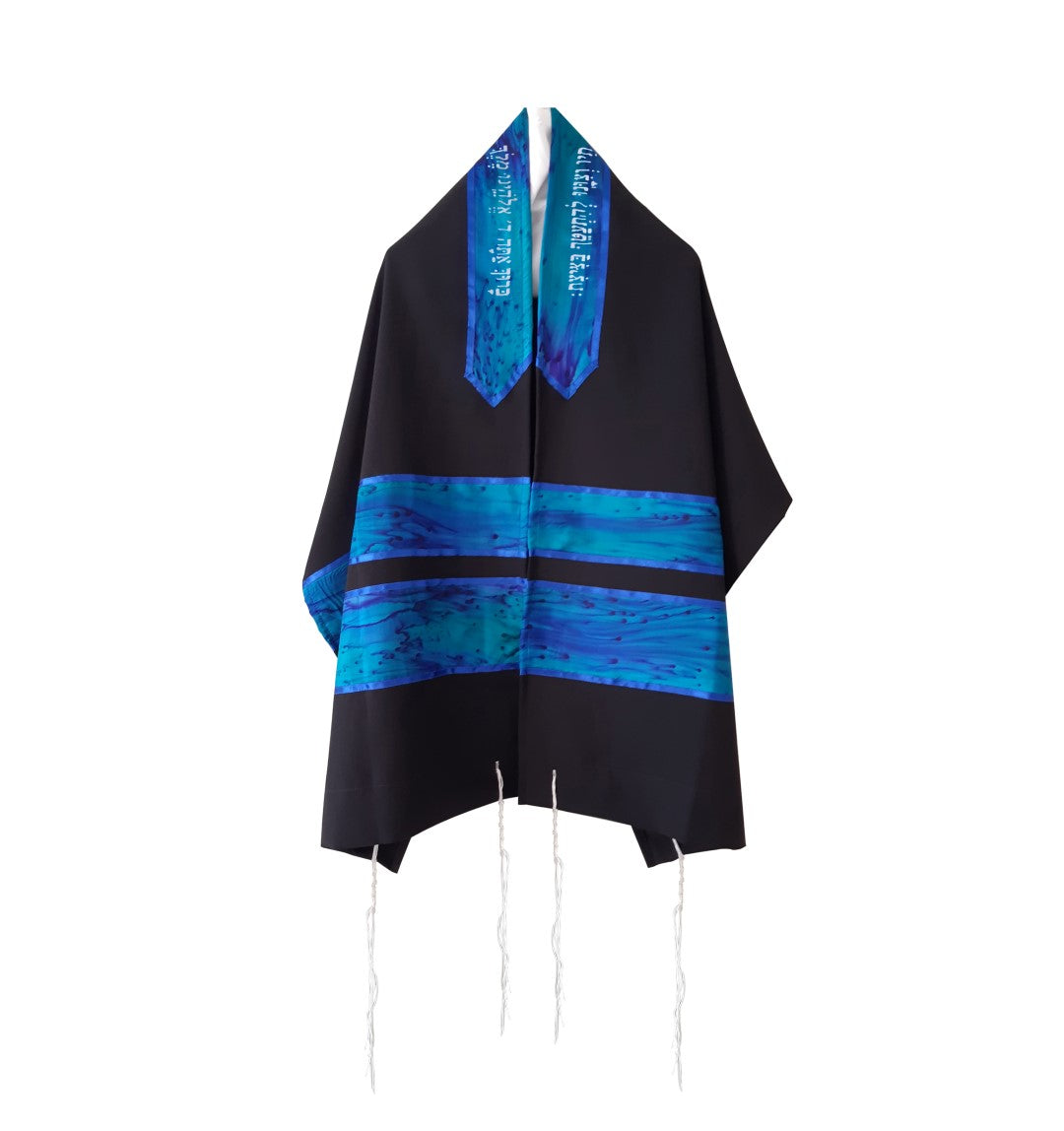 Turquoise and Blue Hand Painted Silk Stripes Black Tallit for Women, Bat Mitzvah Tallit, Girls Tallit, Tzitzit