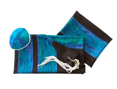 Turquoise and Blue Hand Painted Silk Stripes Black Tallit for Women, Bat Mitzvah Tallit set, Girls Tallit, Tzitzit