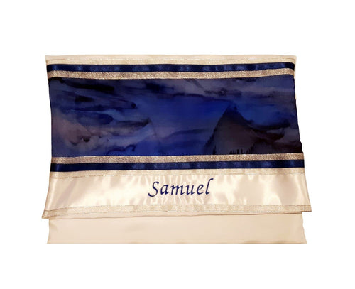 Moon Surface & Sea Hand Painted Silk on Duchess Tallit Bag, Bar Mitzva Tallit Bag, Personalized Tallit Bag name 1