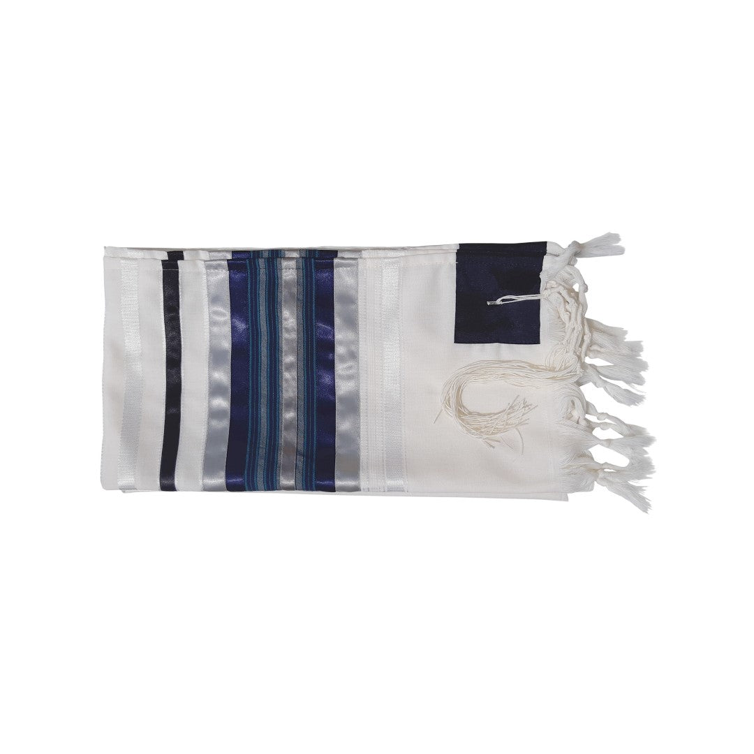 Exclusive Tallit with Blue, Gray and Silver shades stripes Wool Tallit, Tzitzit Bar Mitzvah Tallit flat 2
