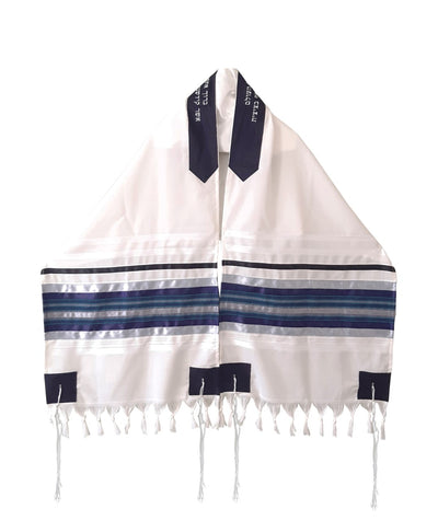 Blue, Gray and Silver shades stripes Wool Tallit, Bar Mitzvah Tallit Set Tzitzit open