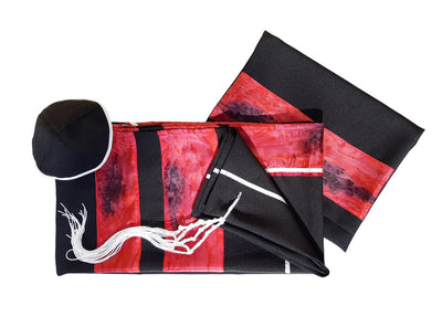 Dramatic Fire Lava Hand Painted Sillk Stripes Black Tallit for Women, Bat Mitzvah Tallit, Girls Tallit set