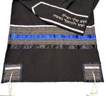 Load image into Gallery viewer, Black Tallit with Gray, Blue and White Stripes, Bar Mitzvah Tallis, Jewish Prayer Shawl Tzitzit CU