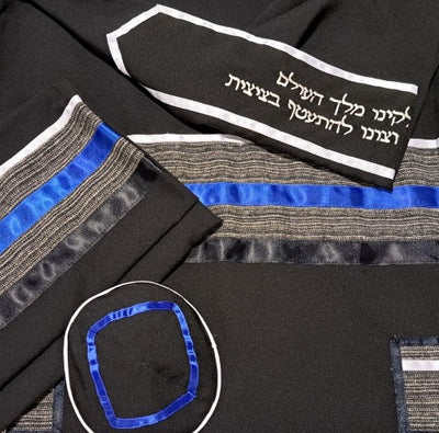 Black Tallit with Gray, Blue and White Stripes, Bar Mitzvah Tallis, Jewish Prayer Shawl Tzitzit CU set