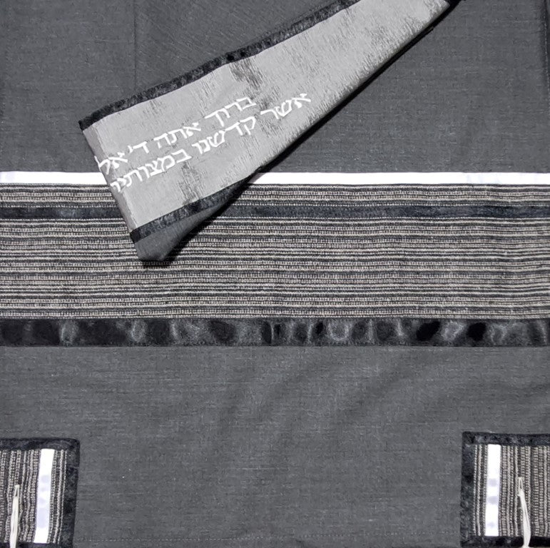 Prestigious Gray Tallit with Stripes Design in Gray, Black & White CU
