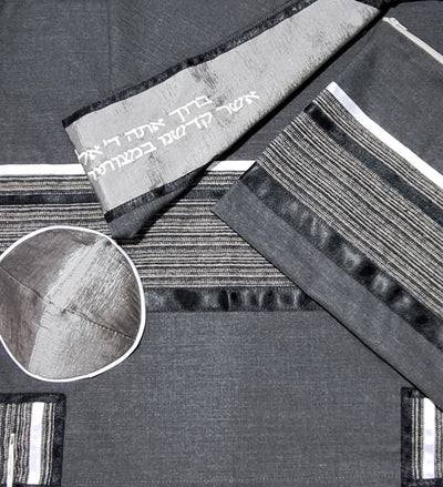 Prestigious Gray Tallit with Stripes Design in Gray, Black & White Cu SET