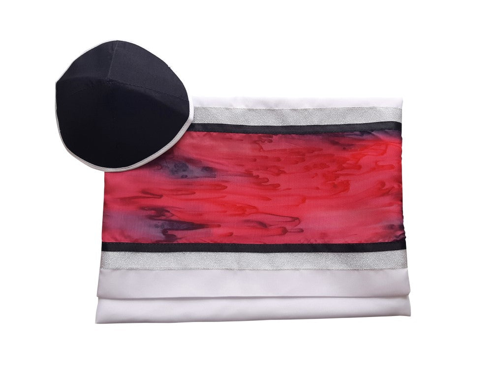 Red and Black Marble Hand Painted Silk on Wool Tallit, Bar Mitzva Tallit, Tzitzit, Jewish Prayer Shawl kippah