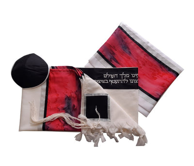 Red and Black Marble Hand Painted Silk on Wool Tallit, Bar Mitzva Tallit, Tzitzit, Jewish Prayer Shawl set