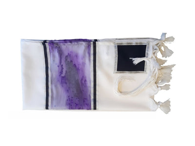 Purple Marble Hand Painted Silk on Wool Tallit, Bar Mitzva Tallit, Tzitzit, Jewish Prayer Shawl flat 1