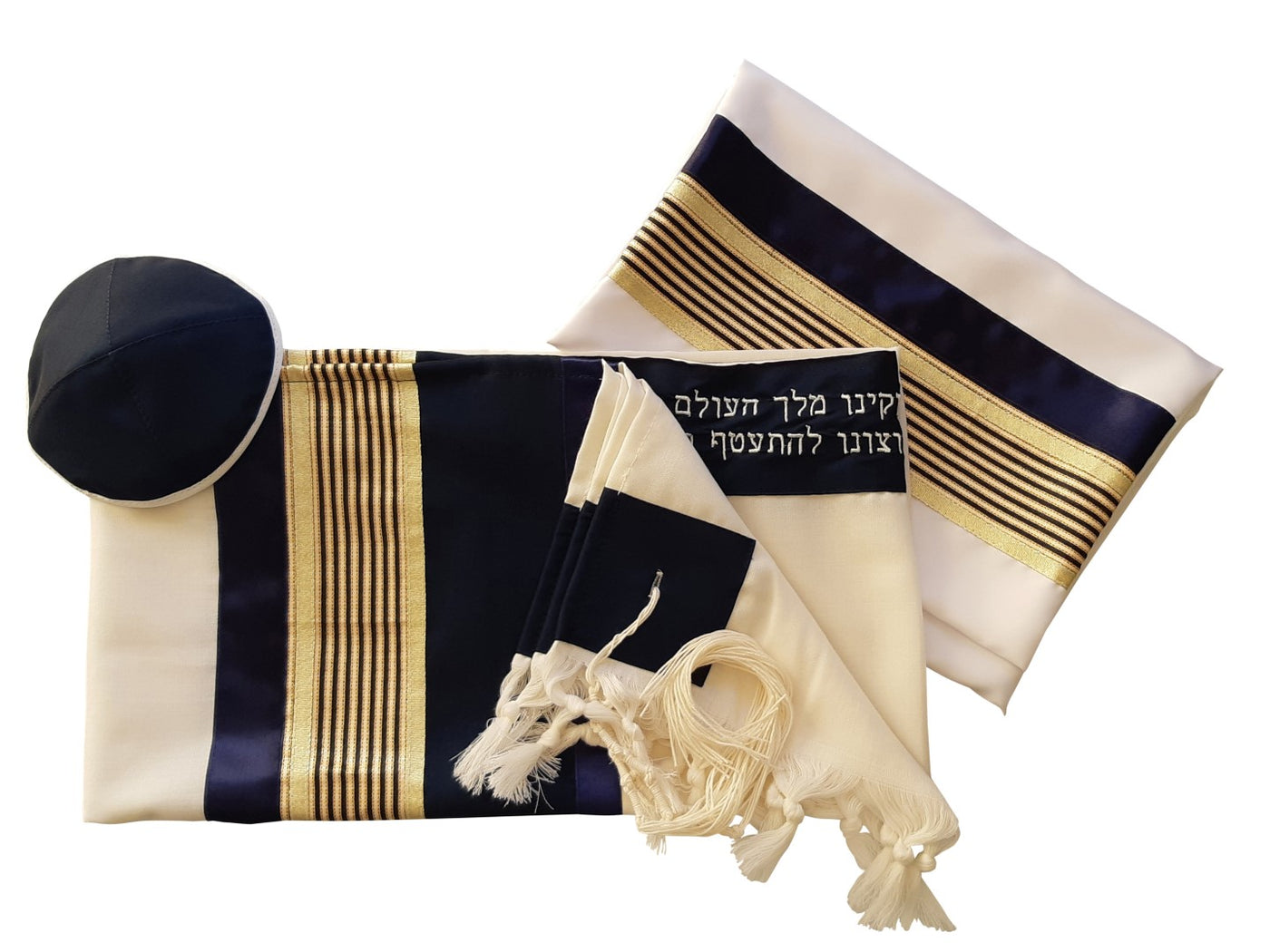 Gold and Blue stripes Jewish Prayer Shawl Tallit, Bar Mitzvah Tallit Set, Tzitzit Wedding Tallit, Wool Tallit, Hebrew Prayer Shawl set