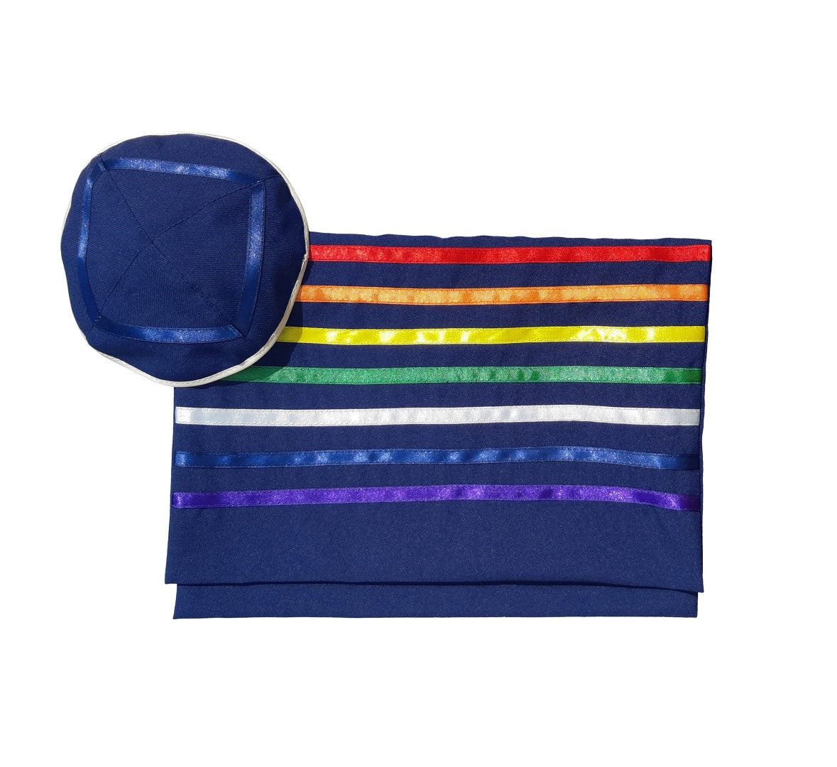 Handmade Rainbow Tallit, Joseph's Coat of Many Colors Tallis, Bar Mitzvah Tallit bag and kippah, Talit for Man, Blue Base Ttzitzit