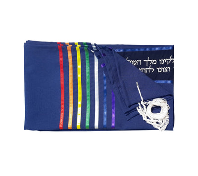 Handmade Rainbow Tallit, Joseph's Coat of Many Colors Tallis, Bar Mitzvah Tallit flat 2, Talit for Man, Blue Base Ttzitzit