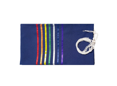 Handmade Rainbow Tallit, Joseph's Coat of Many Colors Tallis, Bar Mitzvah Tallit flat 1, Talit for Man, Blue Base Ttzitzit