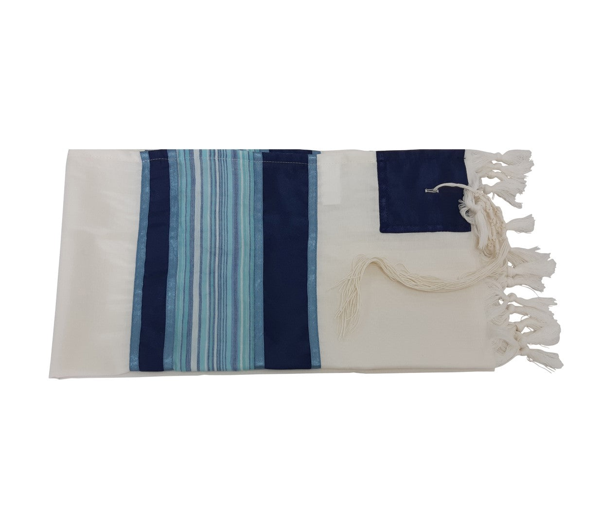 Light Blue and Silver Stripes on Wool Tallit, Bar Mitzvah Tallit flat 1, Tzitzit Custom Tallit from Israel