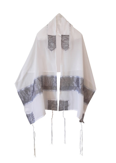 Gray Organza Panel decorated Silk Tallit For Woman, Girl's Tallit, Women's Tallit from Israel