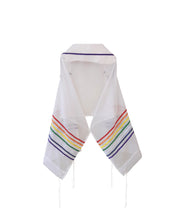 Load image into Gallery viewer, Handmade Sheer Rainbow Tallit, Joseph&#39;s Coat of Many Colors Tallis, Bat Mitzvah Tallit back, Talit for Woman, Tzitzit