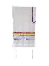 Load image into Gallery viewer, Handmade Sheer Rainbow Tallit, Joseph&#39;s Coat of Many Colors Tallis, Bat Mitzvah Tallit hung, Talit for Woman, Tzitzit