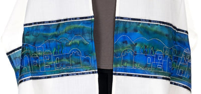 Wool tallit with Silver embroidered Jerusalem landscape by Galilee Silks Israel