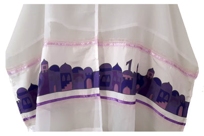 Jerusalem Name and Landscape in Purple Silk shades, Bat Mitzvah Tallit, Girl's Tallit, Tallit for Women CU