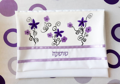 purple flowers silk tallit with name רקמה שושנה
