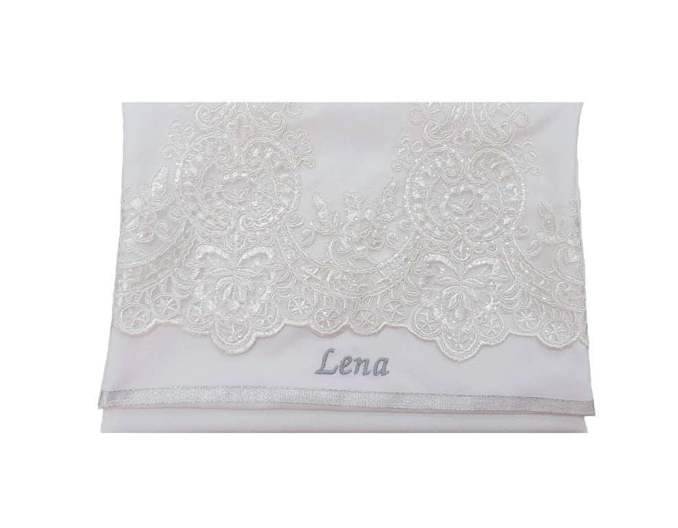 white lace silk tallit for women, tallit bag by Galilee Silks