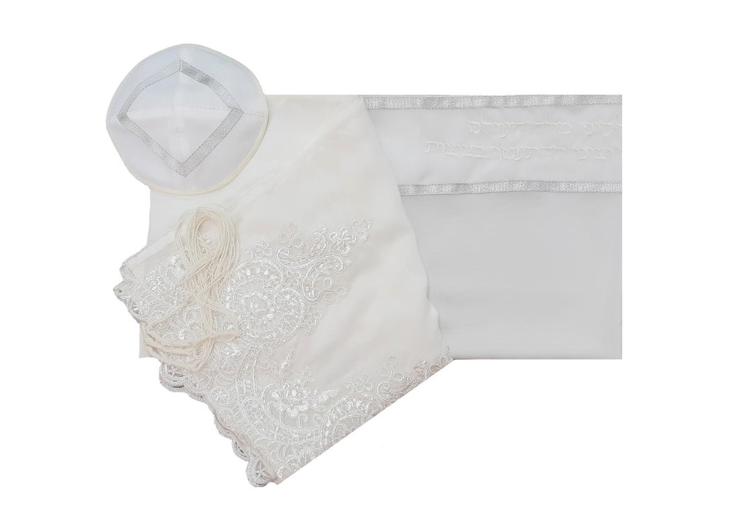 White Tallit with White Lace Decoration Women's Tallit, Feminine Tallit, woman wedding tallit set